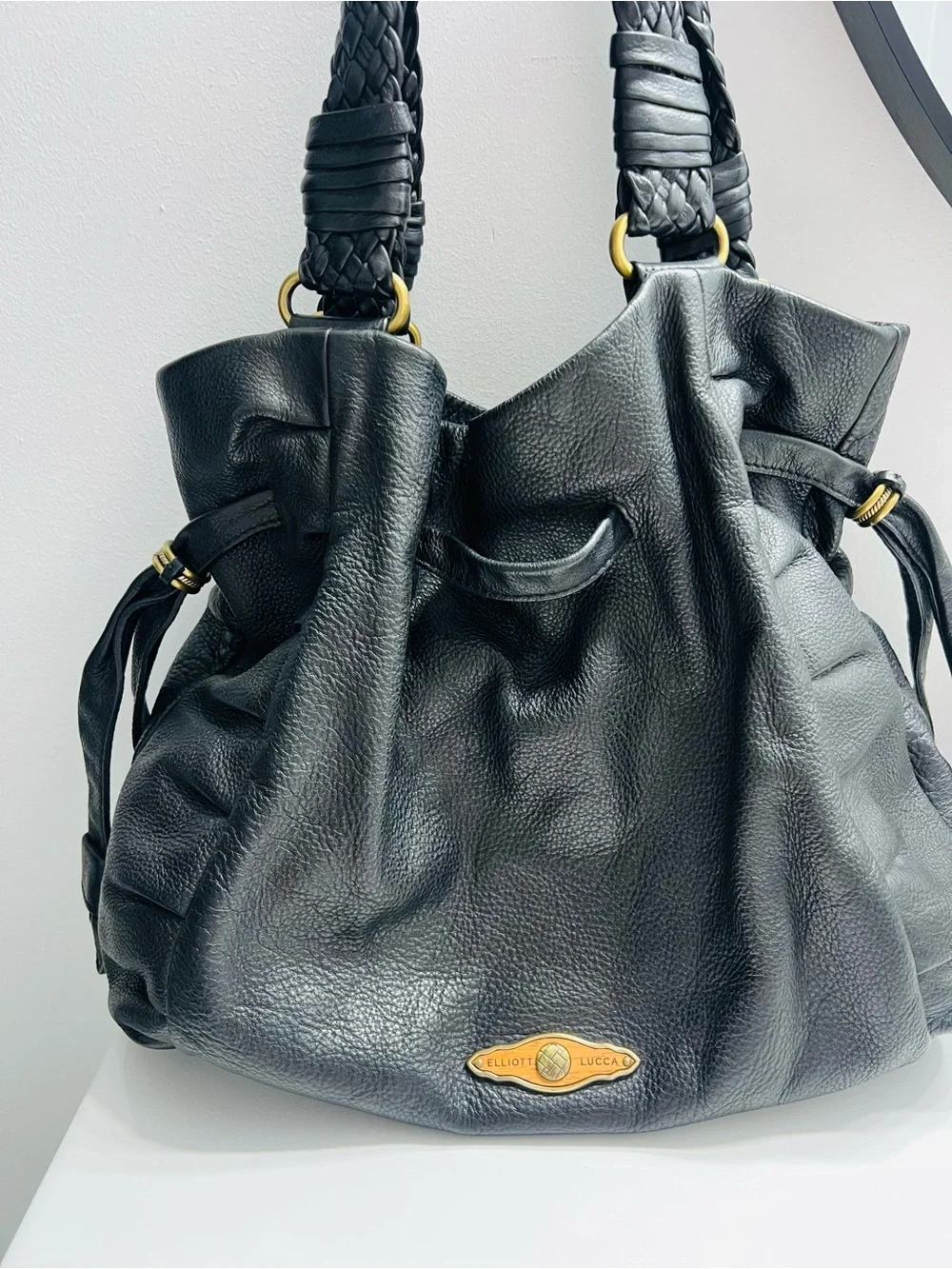 Elliott Lucca Black Pebbled Leather Braided-Handle Shoulder Bag